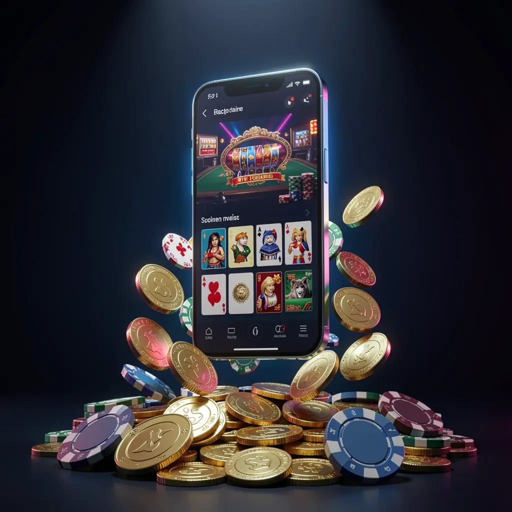 RM 888 online casino app promotion banner featuring a phone floating above golden coins and poker chips with a dark blue and black background and cinematic neon glow in a realistic 3D render