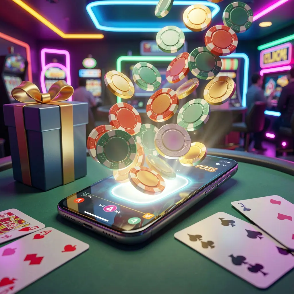 RM 888 mobile casino bonus scene with a modern smartphone displaying glowing casino chips and coins coming out of the screen, surrounded by a gift box and playing cards in a bright neon casino atmosphere