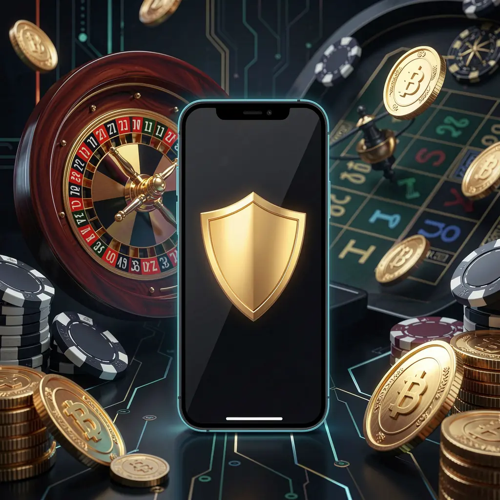 Secure mobile casino login screen on a phone with a shield icon, roulette wheel and poker chips in the background, golden coins, set in a dark cyber luxury atmosphere featuring RM 888 branding