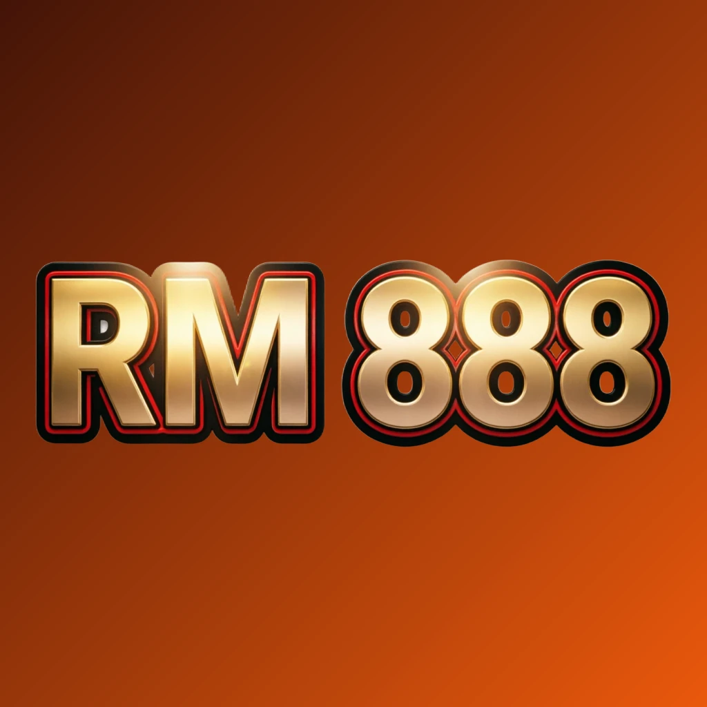 Luxury casino logo for RM 888 featuring a rich gold gradient with red and black accents, elegant lights, and a high-end entertainment style in a horizontal rectangular wordmark design with a transparent background