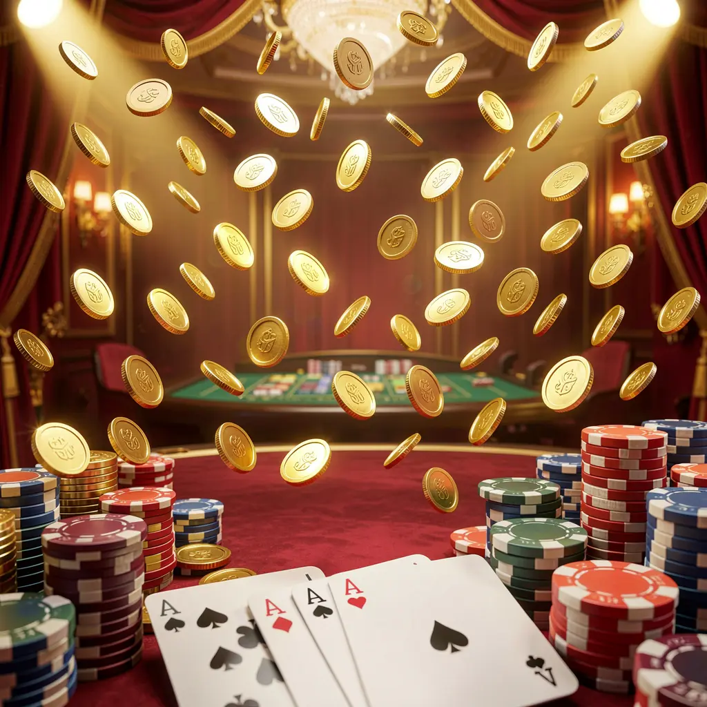 RM 888 online gaming platform homepage banner featuring bright casino lights, golden coins raining, poker chips and playing cards in the foreground with a luxury red and gold atmosphere in a high detail 3D render